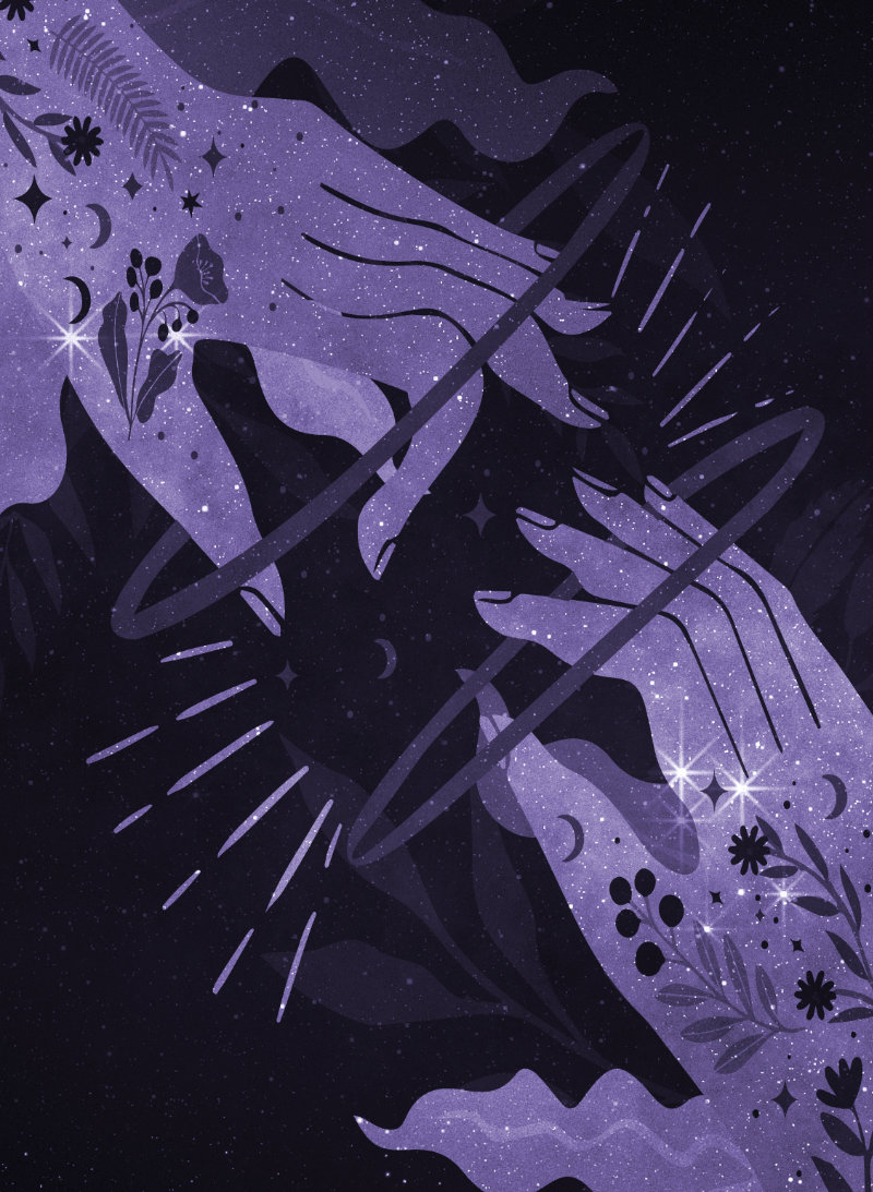 Two aetherial hands adorned with flowers, stars, and moons, set against a deep purple gothic fairy-style starry background. The hands connect with glowing rings and energy beams, evoking magical, spiritual, and mystical themes with an ethereal, fantasy-inspired aesthetic.