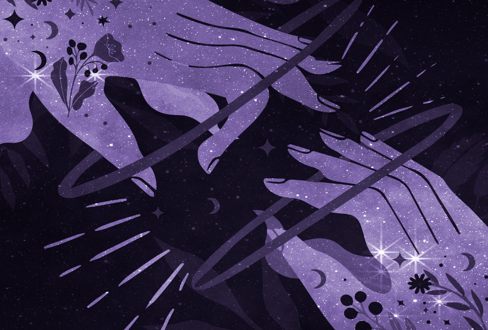 Two aetherial hands adorned with flowers, stars, and moons, set against a deep purple gothic fairy-style starry background. The hands connect with glowing rings and energy beams, evoking magical, spiritual, and mystical themes with an ethereal, fantasy-inspired aesthetic.
