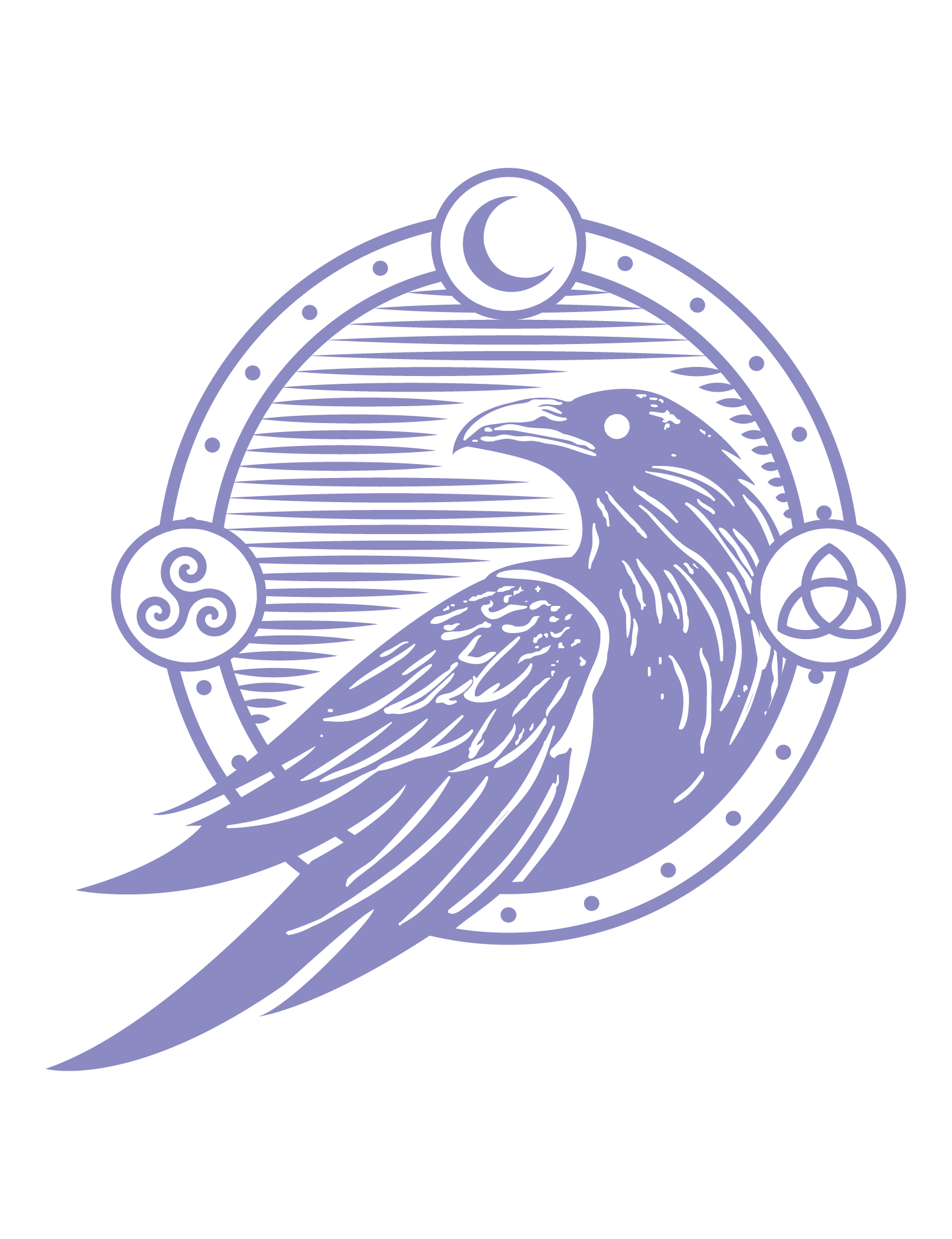 Hand-drawn logo of an aetherial raven with Celtic details, featuring a triskelion, crescent, and trinity cross encircled in a ring—symbolizing mystical, heritage-inspired design.