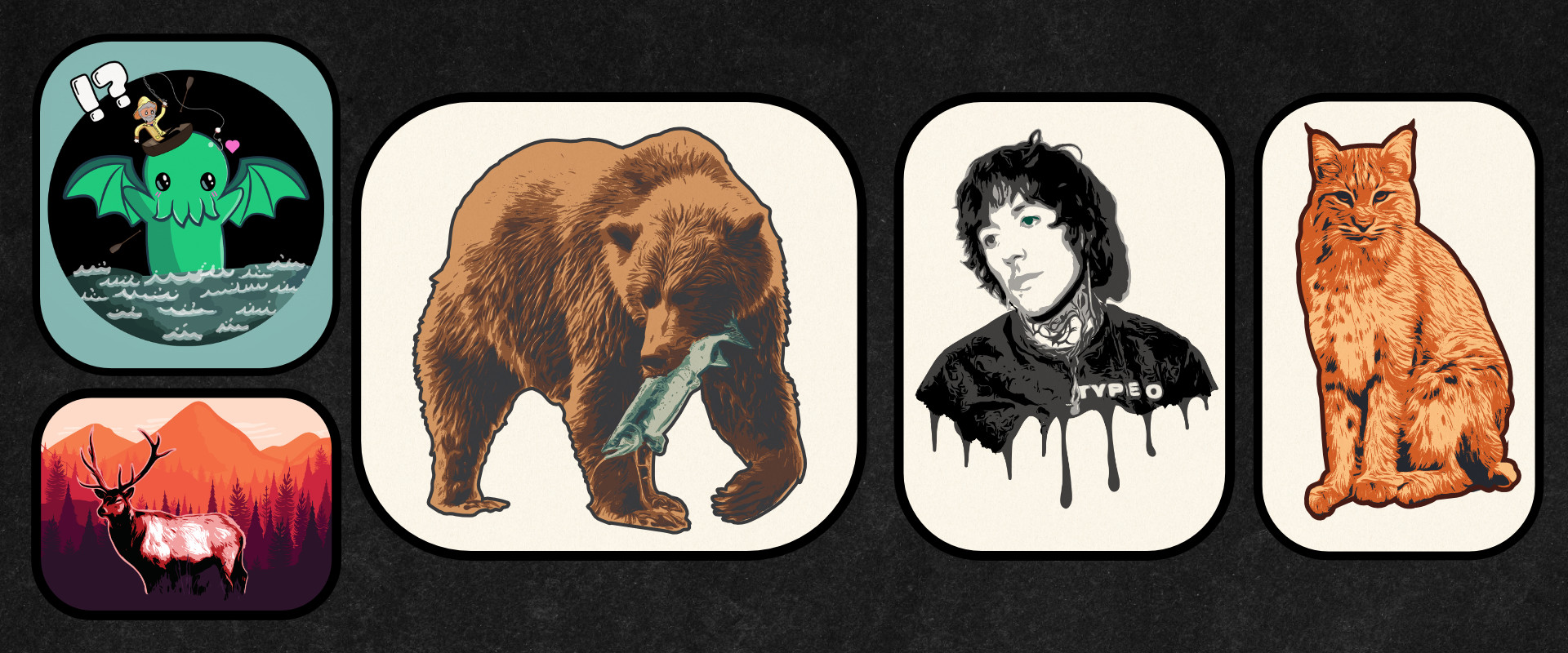 Collection of five digital illustrations created with Illustrator’s blob brush tool, featuring a chibi-style Cthulhu with a fisherman, an elk under the August sun at Rocky Mountain National Park, a brown bear with salmon at Katmai National Park, a vibrant bobcat with oranges and sandy yellows, and a portrait of Oliver Sykes from Bring Me The Horizon.