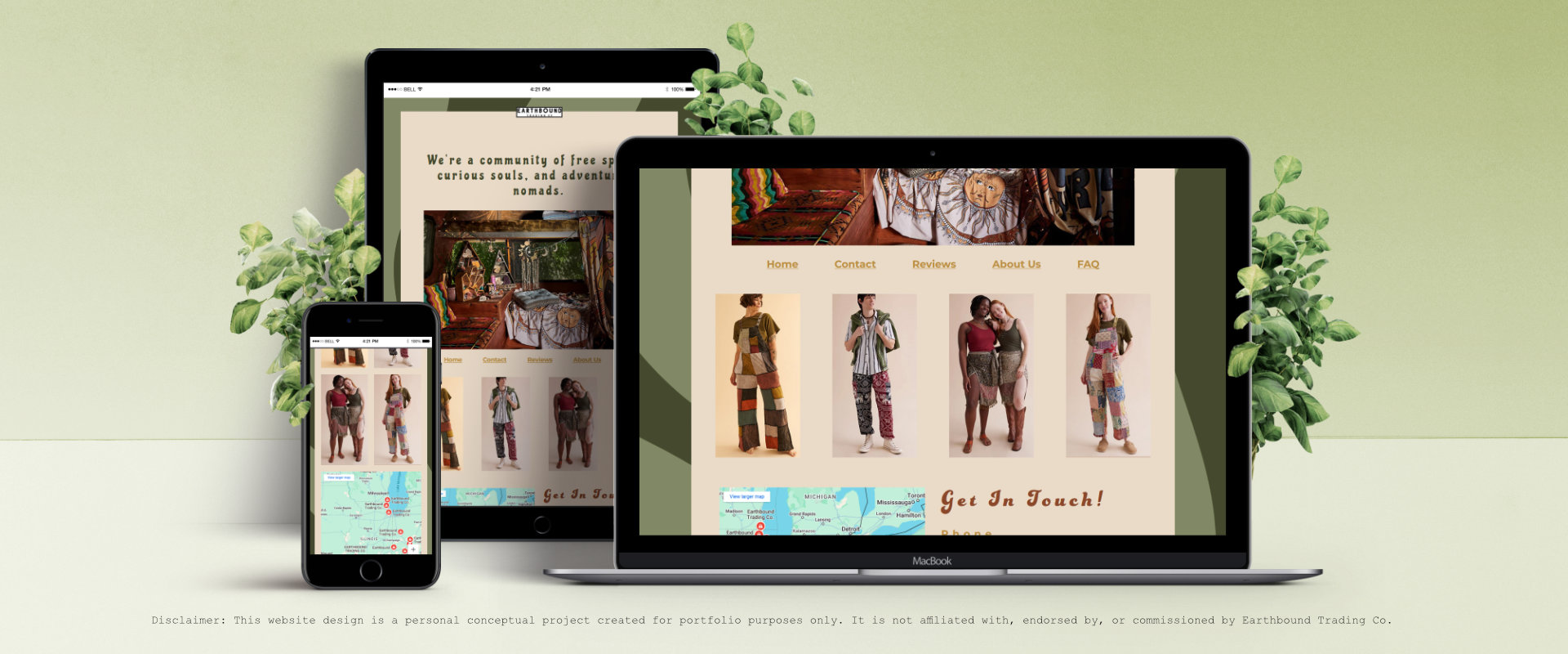 Responsive boho-style website redesign concept for Earthbound Trading Co., displayed on phone, laptop, and tablet against a green and white background with plants. The modern bohemian design features earthy tones of moss green, tan, and gold, with hippy-inspired clothing visuals, warm red accent text, and an embedded map. Created with HTML, CSS, and JavaScript as a semester-long personal project showcasing boho fashion, lifestyle branding, and ecommerce website design.