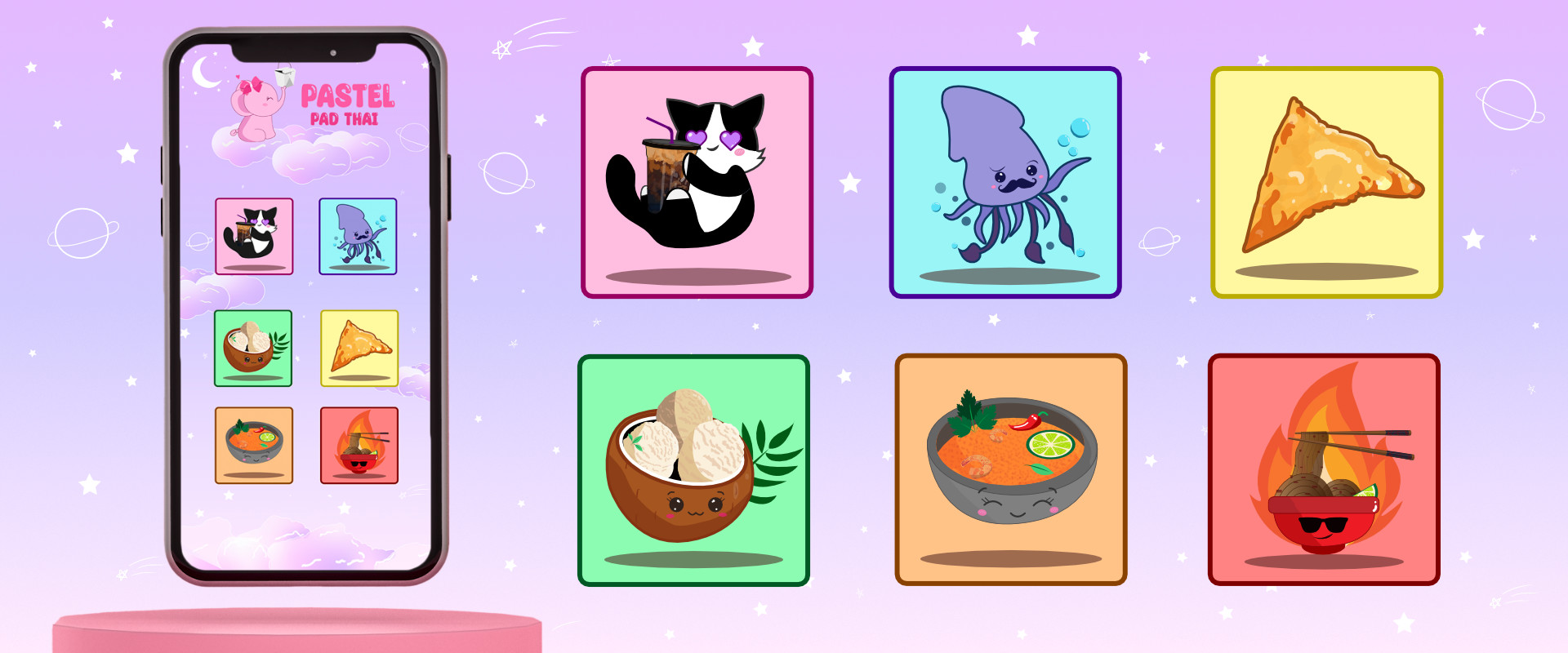 Kawaii mobile app design showcasing six pastel icons: a cat with heart eyes holding Thai iced coffee, a dancing squid, crab rangoon, Thai coconut ice cream, smiling panang curry, and sunglasses-wearing pad thai, set against a pastel goth purple and pink starry background; includes a phone displaying the icons with a pink elephant logo on clouds and bubble-lettered title ‘Pastel Padthai’.
