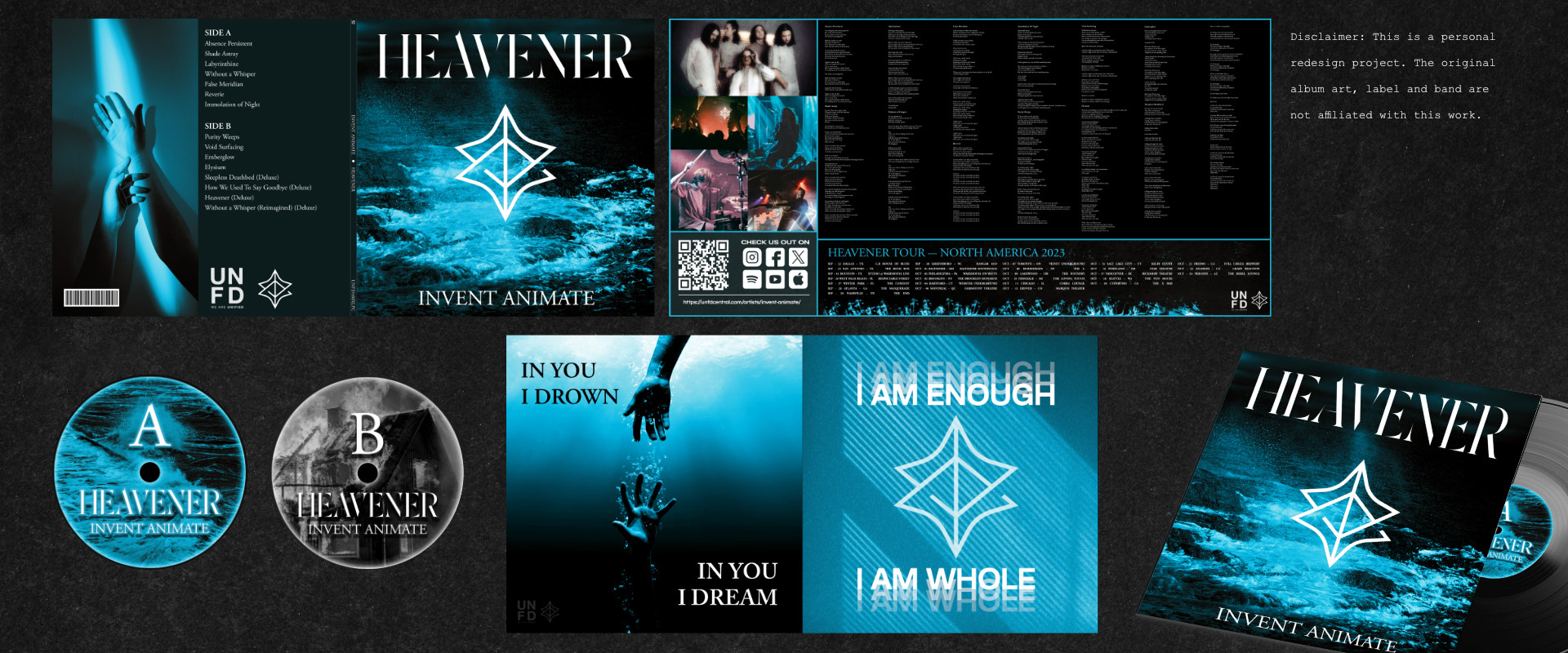 Album redesign for ‘Heavener’ by Invent Animate fan project featuring a gatefold with band photos, lyrics, and tour dates; a record sleeve with out-of-focus ‘I am enough I am whole’ text and drowning hands reaching skyward; sticker designs of crashing waves and a burning house in black and white; all rendered with deep blue and black gradients and rainbow water effects conveying emotional depth and introspection.
