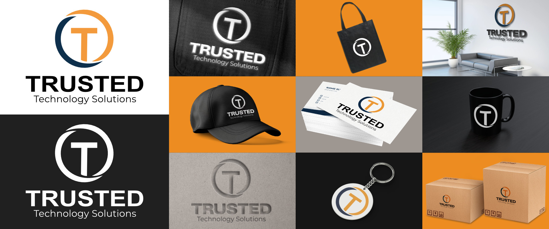 Logo design for Trusted Technology Solutions featuring a sleek, modern ‘T’ with a kinetic circular ring formed by two interlocking crescent shapes in dark blue and yellow; shown in color and white on charcoal background. To the right, a 9-rectangle grid displays logo applications on a pocket, bag, wall, hat, cards, mug, cutout, keychain, and packaging, with alternating tiles in yellow, silver, charcoal, and blue.