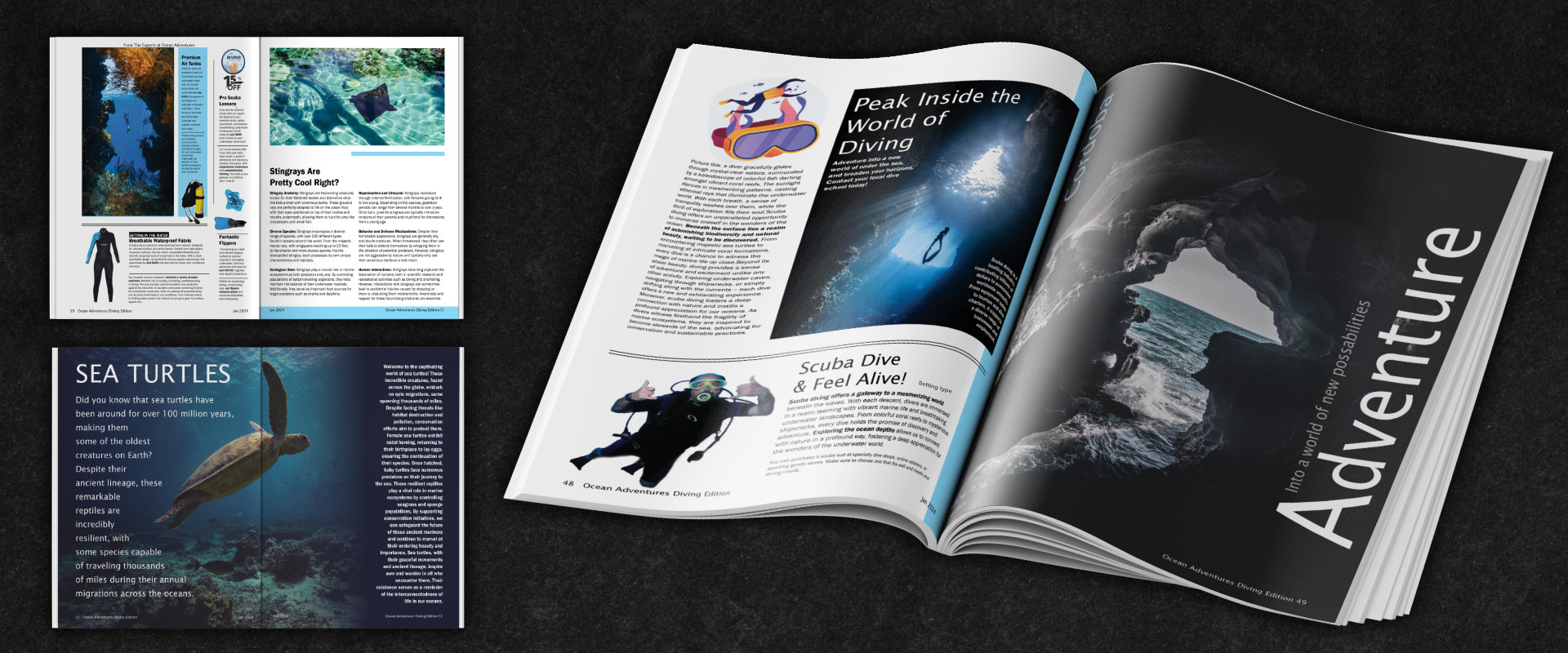 Two magazine spreads and a dynamic mockup of the Ocean Adventures magazine showcasing sleek, modern layouts focused on diving, underwater sea life, and ocean exploration. The design features bold blues and blacks with captivating imagery and fluid movement highlighting the immersive underwater theme.