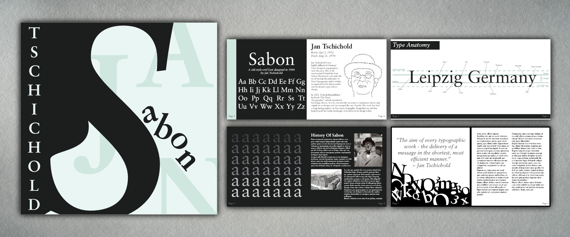 Typography specimen book for the Sabon typeface by Jan Tschichold, featuring a mint and charcoal cover on the left and four interior spreads on the right. The spreads showcase font samples, a creative portrait of Jan made from type, detailed type anatomy, shading variations, and a history of Jan Tschichold with modern, artistic layouts.