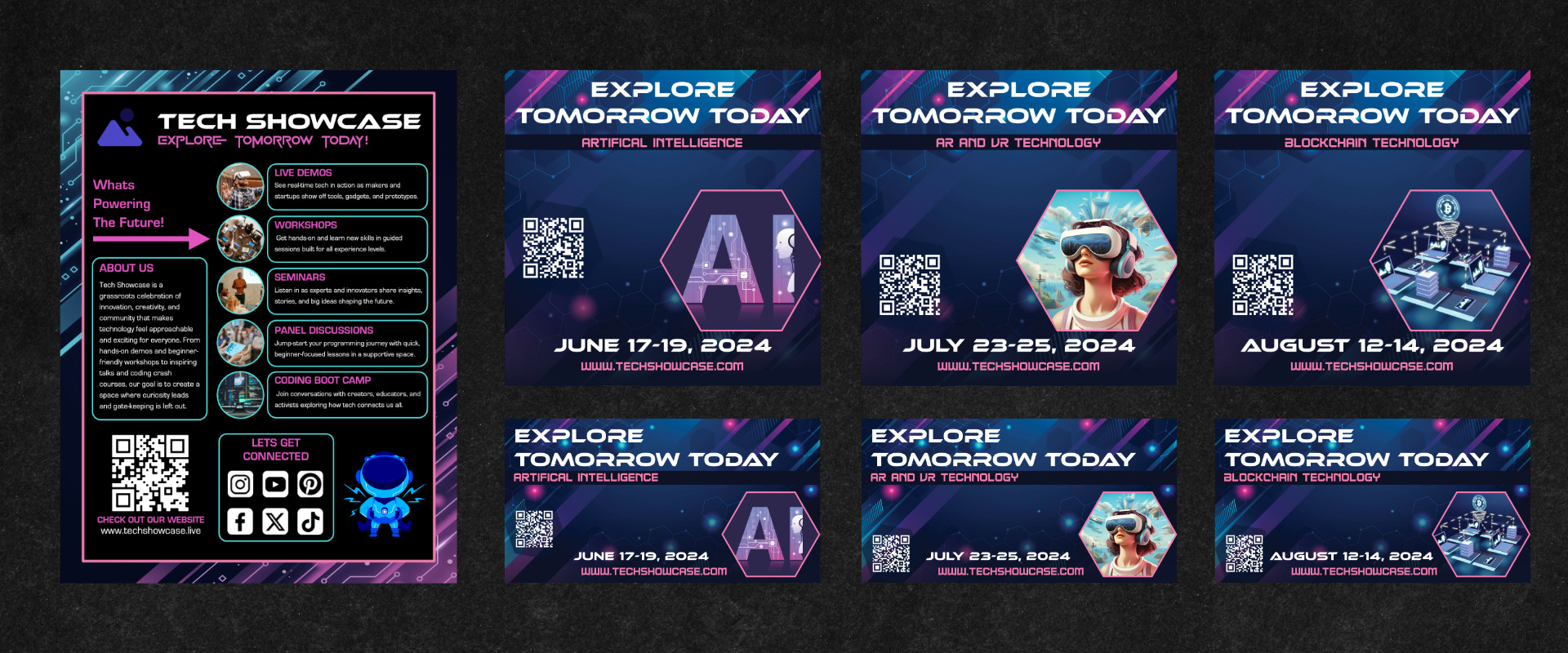 Futuristic Tech Showcase event graphics featuring a white and neon pink flyer on the left with the logo, bold ‘Tech Showcase’ title, ‘Explore Tomorrow Today’ tagline, five event images inside circles with blurbs, and a robot illustration. On the right, coordinated Instagram and Facebook ads highlight themes like artificial intelligence, AR/VR, and Bitcoin with hexagon-shaped event images, neon accents, QR codes, event dates, and website links—demonstrating cohesive multi-platform ad campaign design.