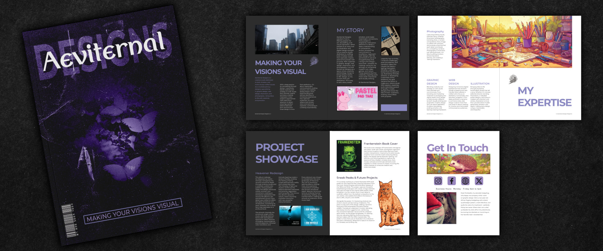 Print magazine for Aeviternal Designs featuring a tilted left-leaning purple and black cover with brutalist-inspired, gothic fairy aesthetic and dark cottagecore vibes. The right side shows four spreads—three full and one half—highlighting brand journey, previous products, and striking layout designs.